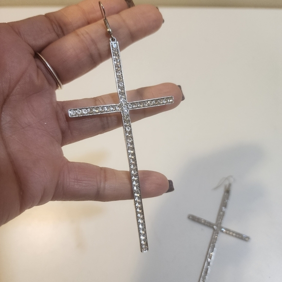 Silver Cross Dangle Earrings - Picture 2 of 6